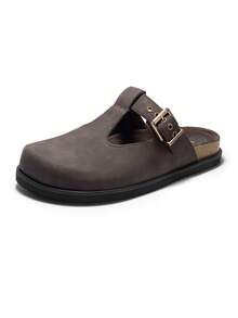 DREAM PAIRS Women Clogs Mules Platform Slippers T-Strap Buckle Slip-On Versatile Vacation Casual Daily Slingback Flats Shoes - 棕色 - 查看 1