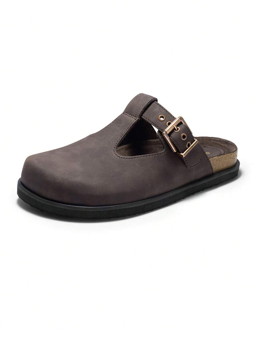 DREAM PAIRS Women Clogs Mules Platform Slippers T-Strap Buckle Slip-On Versatile Vacation Casual Daily Slingback Flats Shoes - 棕色 - 查看 1