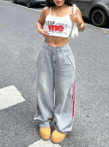 Jeans casual a vita ampia con decorazioni a righe e lavaggio acido per donna