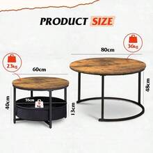 Round Coffee Table Set Of 2 Larger 80CM & 60CM Nesting Tables With Ample Storage, Premium Quality Modern Design For Living Room Or Office, Rustic Brown - RusticBrown - View 3