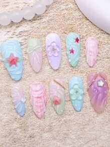 10 pezzi Set di unghie finte estive, forma a mandorla media, decorazioni 3D con fiori, fiocchi, conchiglie, punte francesi, motivi a onde marine, lucide, per le vacanze per donne e ragazze