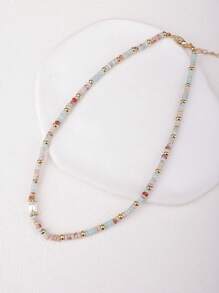 1pc Retro Natural Stone Necklace With Colorful Beads For Women, Vintage And Minimalist Light Blue Collarbone Chain Suitable For Daily Wear With Luxurious, Niche & High-End Feel