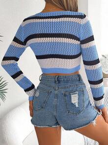 Striped Contrast Tie Front Bow V-Neck Knit Cardigan - Blue - View 2