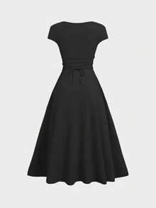 Glamful Elegant Commute Casual Basic Elegant Solid Color Knit Fabric Drawstring Summer Dress - Hitam - View 5