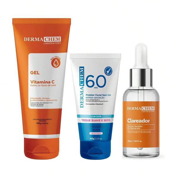 Kit Skin Care Dermachem Cuidado Facial com Vitamina C e Clareador para todos os Tipos de Pele Gel Serum e Protetor Solar