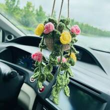 1 pieza Planta de crochet linda para espejo retrovisor de carro/decoración de habitación, accesorio colgante hecho a mano para espejo de carro estilo bohemio, adecuado para mujeres y niñas, decoración estética interior verde del carro, adorno colgante para camión para hombres