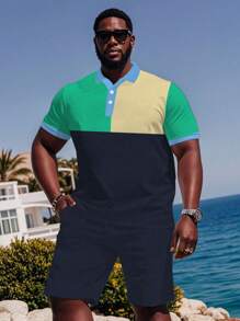 1 Set Plus Size Men Short Sleeve Shirt With Buttons, Contrast Colored Top Suit, Fashionable Casual Daily Polo Collar Tee, Elastic Waist Drawstring Shorts, 2 Pieces Set