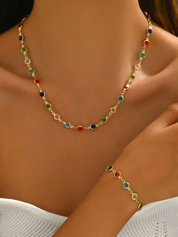 1 Conjunto Elegante Colorido e Versátil de Colar e Pulseira com Strass, Adequado para Uso Diário de Mulheres