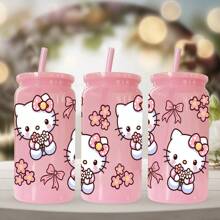 Sanrio 1 pieza Botella de agua de plástico rosa de 16 oz con estampado de Hello Kitty de Sanrio, adecuado para café, bebidas, cerveza, leche, jugo, un gran regalo de hidratación de verano para ella (con pajita reutilizable)