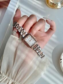 1pc Women's Silver /Gold Two-Tone Strap Roman Scale Striped Scale Solid Steel Band Quartz Watch, Suitable For Everyday Wear - one-size - View 2