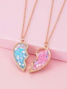 2pcs Colorful Star Sequins Shakeable Heart Pendants BFF Exquisite Fashion Necklace Best Friend Set Holiday Party Music Festival Birthday Gift - Multicolor - View 11