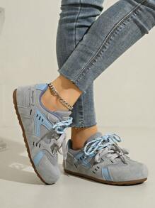 Women's Flat Lace-Up Trekking & Climbing Shoes, Mesh Patchwork Breathable Casual Sports Sneakers, Athleisure Y2K Style