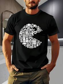 Men's T-Shirt With Circular Pattern Of Gaming Elements. Fashionable Printed T-Shirt, 220 G/M², For Men, Casual, Round Neck, Pure Cotton, Short Sleeve (1 Piece) - 黑色 - 查看 1