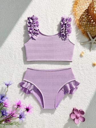 Young Girl Plain Color With Ruffle Cute Swimsuit Set