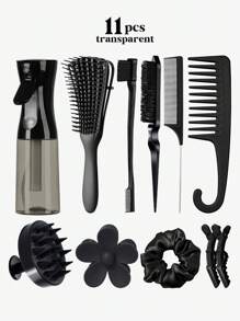11pcs Hair Brush Set, Hair Brushes For Women Wet Dry All Hair Detangling Parting Styling, 200ml Continuous Spray Bottle, Premium Wide Tooth Comb, Scalp Massager Shampoo Brush, Brush Set With Detangler Brush, Edge Brush, Teasing Brush, Rat Tail Comb, Flower Hair Clip, 2 Alligator Hair Clips And Hair Tie