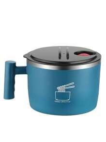 1pc Solid Color Round Double-Layer Insulated Stainless Steel Bowl With Draining Silicone Rim And Plastic Semi-Transparent Lid, Suitable For Office, School, Outdoor, Instant Noodles Container,School Supplies