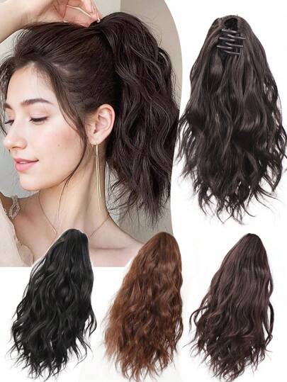 Extensão de rabo de cavalo com ondas curtas, extensão de rabo de cavalo com garra de 10 polegadas, ondulado, cacheado, com presilha para rabo de cavalo, aplique de cabelo sintético natural para mulheres (preto natural)