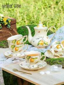 Set de cești și farfurioare vintage la modă, decorate cu pădure și lămâie, pictate manual cu ornamente aurii pe marginea ceștii, mâner și marginea farfurioarei; ceainic ceramic retro de înaltă calitate; disponibil în modele de lămâie, fluturi și insecte multicolore și florale, emanând o atmosferă sofisticată și elegantă.