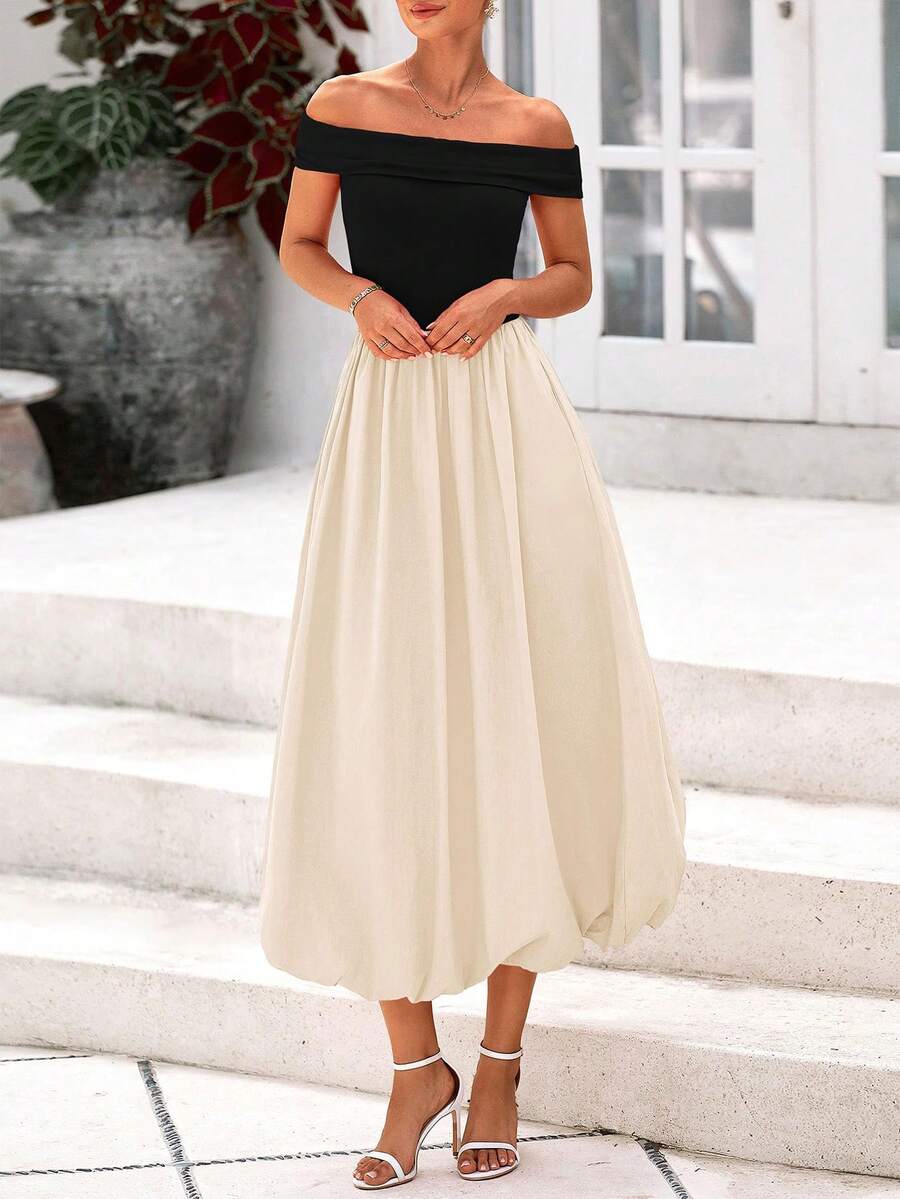 Women's Summer Strapless Sleeveless Mid-Length Dress Cocktail Party A-Line Flowy Wedding Guest Bubble Skirt Dress With Pockets