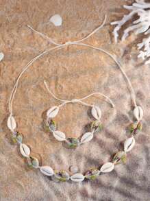 Conjunto de 2 peças de pulseira e colar de argila macia com conchas e flores, estilo boêmio, com estampa de rosa, margarida, estrela, leopardo e arco-íris, joias de praia estilo oceano