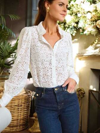 Einfarbige, blumige, strukturierte Knopfleisten-Bluse mit langen Ärmeln, Lässig-elegant für Büro und Pendeln, Damen, Sommer