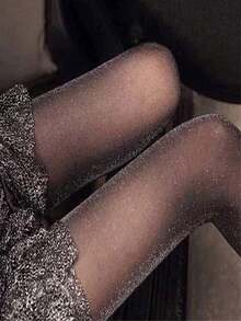 1 Pair Shiny Silver Threads Shiny Tights, Women Anti-Snag Glitter Pantyhose - Black - View 2