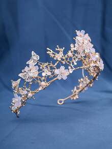 1pc Women Handmade Butterfly Crown, Flower Hair Accessory, Princess/Fairy Style, For Wedding, Birthday, Party Decoration Valentine's Day Accessories - Vàng - Xem 3