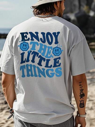 2025 男士休闲标语和字母印花圆领短袖T恤，适合海滩度假和日常穿着，夏季