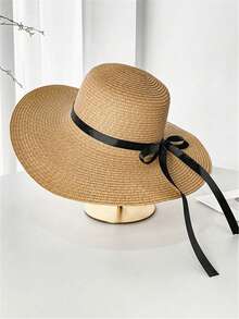 1 Set: Women Summer Bohemian Style Beige Straw Hat With Bow Decoration & 1 Straw Shoulder Tote Bag, Fashion Beach Sun Hat, Versatile Tote Pouch, Outdoor Travel Accessory Suitable For Vacation, Commute, Casual Outfit - Multicolor - View 5