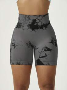 1 pieza Shorts deportivos de yoga con efecto tie-dye y bloques de color para mujer, con estiramiento, pantalón sin costuras para ciclismo al aire libre