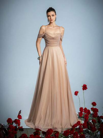 Faeriesty Elegant Cold Shoulder Bridesmaid Gown With Adjustable Rope-Tie Back & Flowing Wide Skirt | Luxury Formal Wear For Weddings, Galas, And Cannes Parties