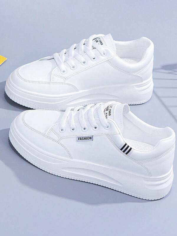 Zapatos casuales lisos para mujer, Zapatos deportivos de corte bajo con cordones, Zapatos deportivos casuales de PU