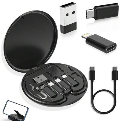 Multi-Function Data Cable Set And Storage Box,Silicone USB Type-C Charger Cable Kit With Data Transfer & Card Storage - MFI Certified, Lightning-Fast Charging Compatible With IPhone/Android/Micro,Tablets, USB To Lightning,USB Charging,Data Cable, Adapter, Card Needle,Call Card Storage, Data Cable Storage Compatible With IPhone, Android, Camera, MP3 Universal Adapter Nan