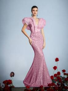 Faeriesty Women Elegant Women's Elegant Ruffle Collar Maxi Evening Dress - Slit Fishtail Hem, Shiny Sparkly Sequin Fabric, Fitted Silhouette | Perfect For Formal Dinners And Weddings | Pair With Eye-Catching Jewelry And Stiletto Heels,Summer Holiday Outfits - Pink - View 3