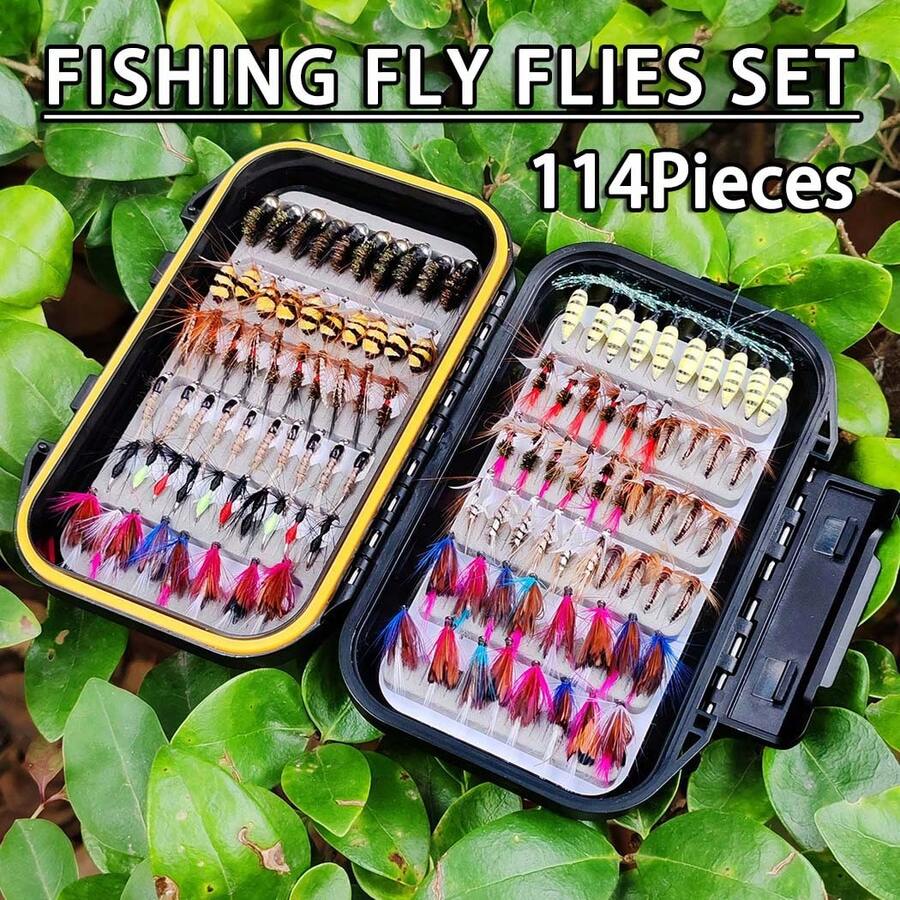 مجموعة 114 قطعة مع صندوق الذباب تشكيلة نمف ستريمر ، خطاطيف الصيد بالذبابة للسمك الأسمر والتروت والسلمون والشبوط ، طعم صيد الذبابة - مصنوع من ريش اصطناعي وراسن - متعدد الألوان - مشاهدة 1