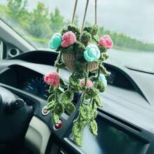 1 pieza Planta de crochet linda para espejo retrovisor de carro/decoración de habitación, accesorio colgante hecho a mano para espejo de carro estilo bohemio, adecuado para mujeres y niñas, decoración estética interior verde del carro, adorno colgante para camión para hombres