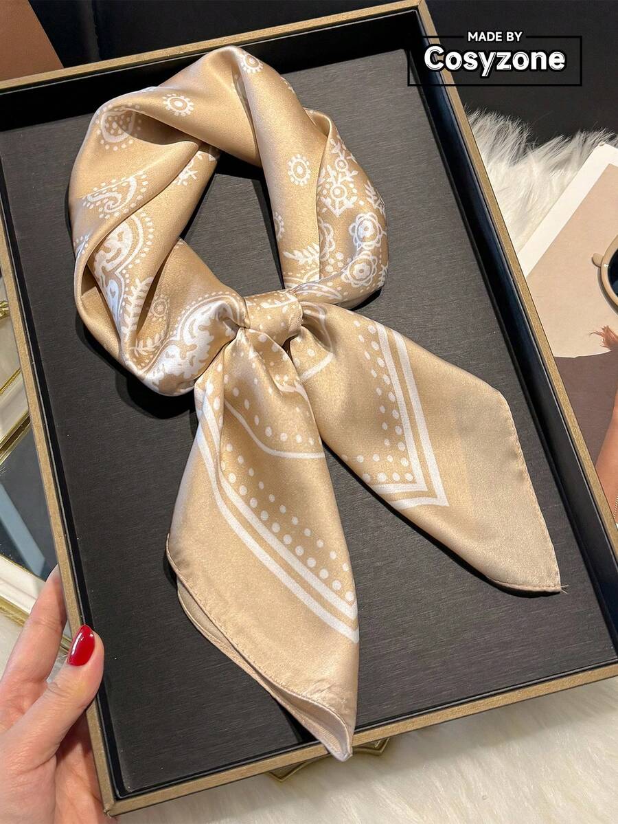 1 件佩斯利印花仿丝 27.6 英寸方形围巾，多功能头巾，头巾，男士颈带，轻便防晒 - 卡其色 - 查看 1