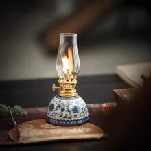 1pc Ceramic Blue And White Porcelain Floral Oil Lamp With Lamp Shade, Adjustable Wick, Suitable For Camping, Home Use, Festivals Like Christmas, Easter, Ramadan, Valentine's Day, Gift