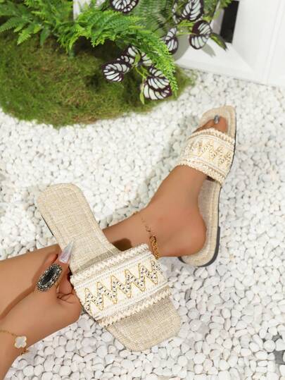 Wide Fit Women Flat Sandals Strap Flat Open-Toe Square-Toe Slippers Bohemian Style Woven Rope Outdoor Beach Shoes