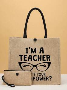 2pcs/Set Linen Letter Pattern Travel Tote Bag - Khaki - View 2