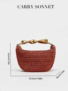 1pc Woven Bag, New Summer Design, Women Mini Zipper Woven Crossbody Bag, Straw Small Casual Tote Bag With Metal Handle, Perfect Accessory For Women Beach, Vacation, Holiday - Orange - View 6
