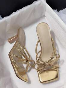 Square Toe Bowknot Decor Sweet Flat Sandals For Women - Gold - View 1