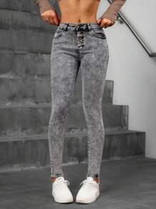 Mujer skinny jeans grises desgastados con botones múltiples