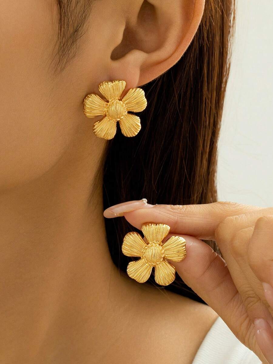1 对复古精致简约金色五瓣花耳钉，适合女士 - 金黃色 - 查看 1