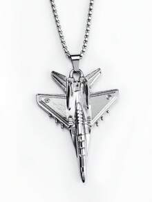 1pc Retro Style Unique J-20 Fighter Jet Pendant Necklace, Fashionable Stainless Steel Long Sweater Chain Accessory, Popular Hiphop Military Enthusiast Gift For Men, Daily Wear - Antique Silver - View 2