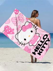 Sanrio 250gsm Super Absorbent And Quick-Drying Microfiber, Sanrio Hello Kitty And Kuromi Cute Cartoon Characters Printed Beach Towel, Suitable For Beach, Pool, Yoga, Picnic, Travel, Camping - Available In 70*140cm Or 90*180cm Size Summer Holiday Bathroom Decor Beach Essentials