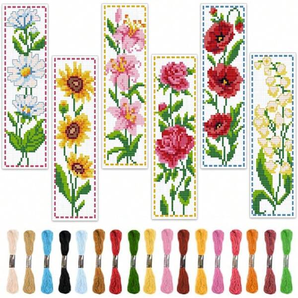6 Pcs Floral Cross Stitch Bookmark DIY Craft Kit - Includes Lily Of The Valley, Daisy, Sunflower, Rose Patterns, With Embroidery Floss, Tools And Instructions - Suitable For Sewing Hobbyists And Beginners As Bookmarks And Home Decor