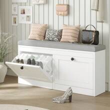 VOWNER 41.7" Storage Shoe Bench With 2 Flip-Up Drawers & Cushioned Seat, Multi-Functional Entryway Organizer For Hallway, Bedroom, Gifts For Halloween & Thanksgiving