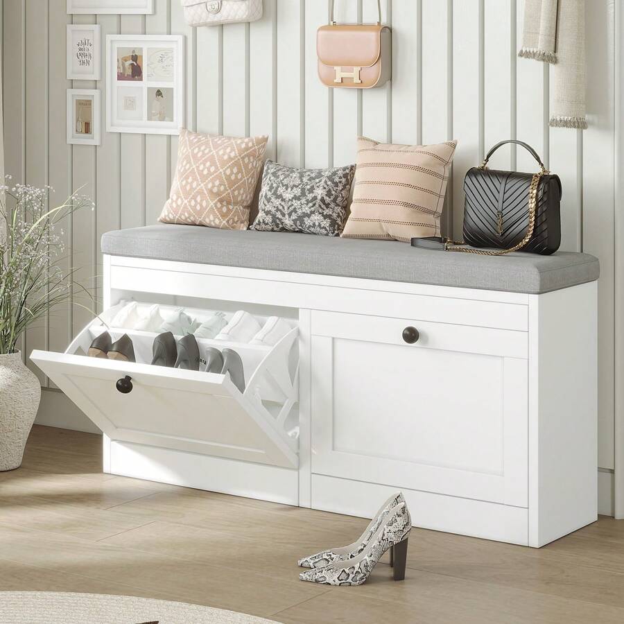 VOWNER 41.7" Storage Shoe Bench With 2 Flip-Up Drawers & Cushioned Seat, Multi-Functional Entryway Organizer For Hallway, Bedroom, Gifts For Halloween & Thanksgiving