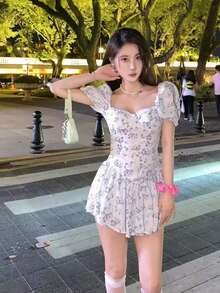 Women's Flower Dress, Puff Sleeve, Fresh French Style Square Neck Short Sleeve Dress, 2025 Summer New Elegant Short Dress - 白色 - 查看 4